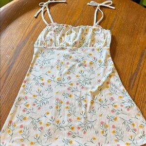Divided Textured White Sundress Yellow with Green Floral Print Ruffle Bust S